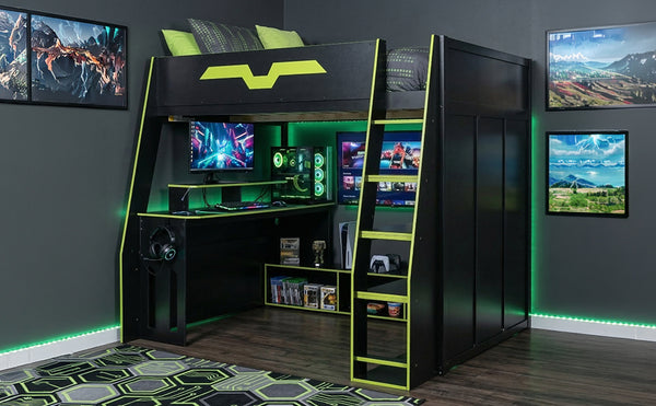 English Elm Full Size Wood Loft Bed with Rgb Lighting Desk and Multi-tier Shelves for Gaming Green LT000374AAG
