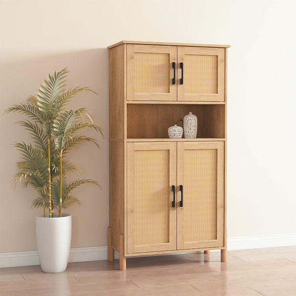 English Elm Mid-Century Woven Rattan Door Storage Cabinet with Adjustable Shelves and Solid Wood Legs, Stylish and Functional Natural 27.6 L x 15 W x 8.7 H W3151P288912