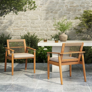 English Elm Outdoor Acacia Wood Armchair Set with Woven Rope Back Beige Cushion Patio Dining N762P386379D