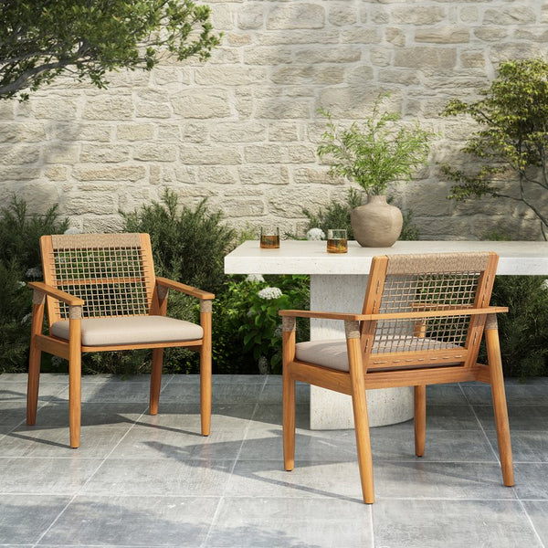 English Elm Outdoor Acacia Wood Armchair Set with Woven Rope Back Beige Cushion Patio Dining N762P386379D