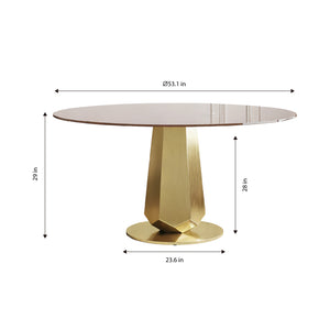 English Elm 53 Inch Round Smoked Glass Dining Table with Gold Steel Base Seats Eight W2700S00095