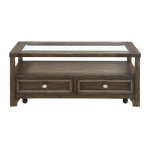 English Elm Modern Birch Veneer Cocktail Table with Glass Top Drawers and Open Shelf Storage B011P460075