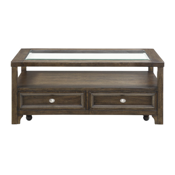 English Elm Modern Birch Veneer Cocktail Table with Glass Top Drawers and Open Shelf Storage B011P460075