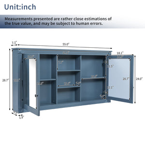 English Elm 55 Inch Wall Mount Medicine Cabinet Dual Mirrored Doors Soft Close Bathroom Vanity Storage Blue N710P401342C