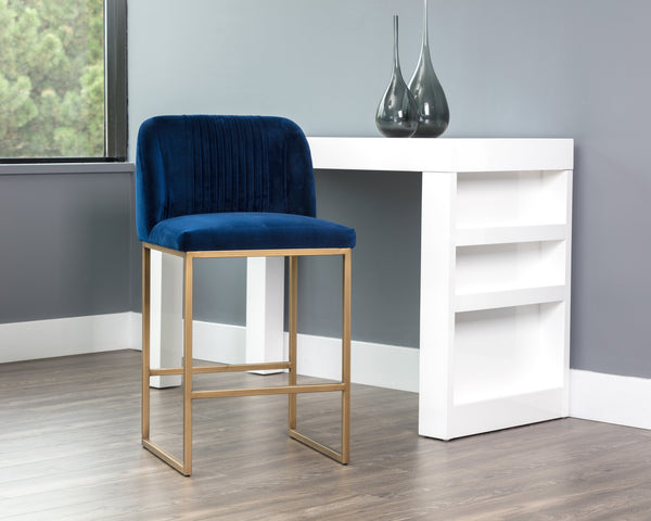 Sunpan Nevin Modern Counter Stool - Stylish Comfort with Antique Brass Legs, Perfect for Any Space Sapphire Blue