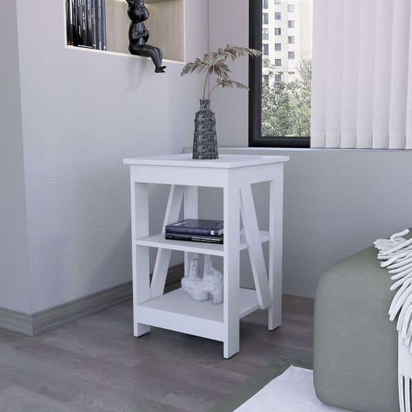 English Elm Clio modern auxiliary table with two open shelves for living room storage and decorative display, durable engineered wood White 34.65 L x 20.87 W x 3.15 H B128P189930