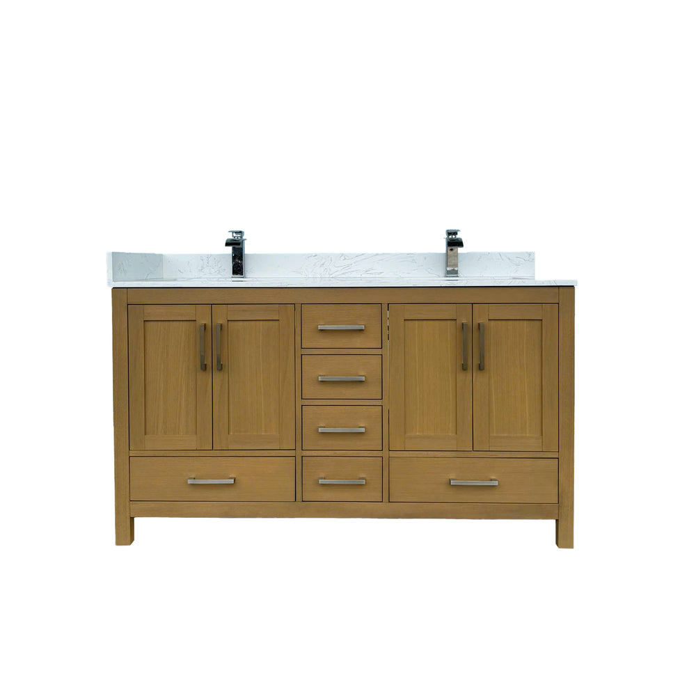 English Elm 60" Double Sink Vanity Solid Wood Cabinet Carrara Marble Top Brown Oak Finish T3785P442236