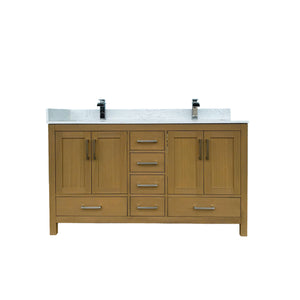 English Elm 60" Double Sink Vanity Solid Wood Cabinet Carrara Marble Top Brown Oak Finish T3785P442236