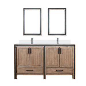 English Elm Rustic Barnwood Double Bath Vanity 60" W with White Quartz Top, Chrome Faucets, 22" Mirrors, Durable Finish B2731S01128