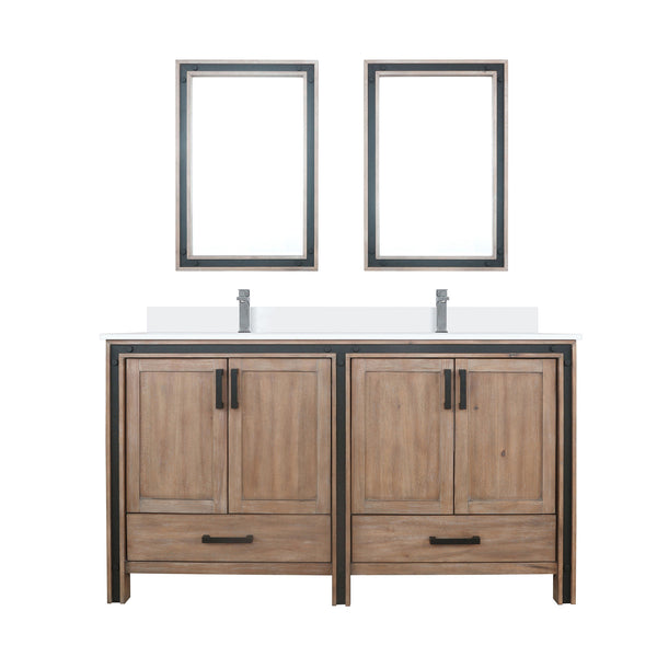 English Elm Rustic Barnwood Double Bath Vanity 60" W with White Quartz Top, Chrome Faucets, 22" Mirrors, Durable Finish B2731S01128