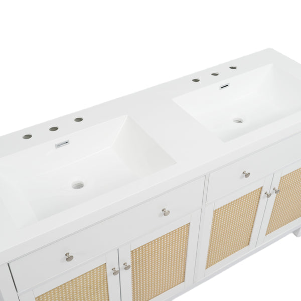English Elm Christopher Knight Home® - 60 Inch Bathroom Vanity with Double Sinks SMC, Rattan Doors, Soft-Close Drawers, Stable Pine Legs White N817P296140W