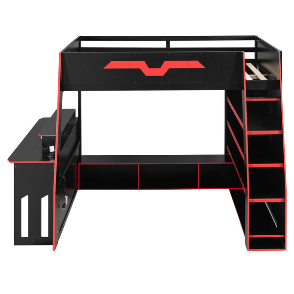 English Elm Full Size Wood Loft Bed with Rgb Lighting Desk and Multi-tier Shelves for Gaming Red LT000374AAR