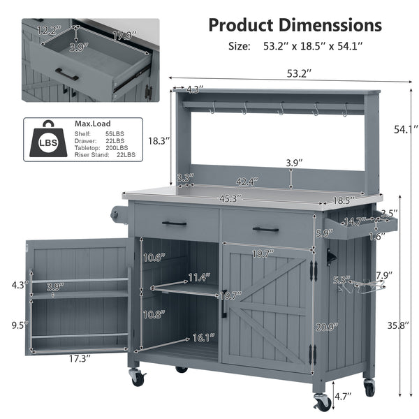 English Elm K&k Solid Fir Grill Cart Stainless Steel Top Outdoor Kitchen Station with Locking Wheels Grey+Blue N707P409087G