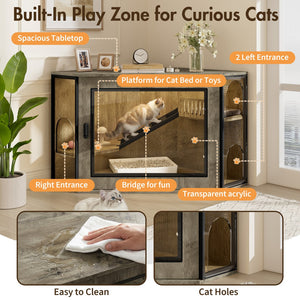 English Elm 48" Corner Mdf Cat Litter Enclosure Cabinet with Led Acrylic Door and Play Loft Grey N704P402446E