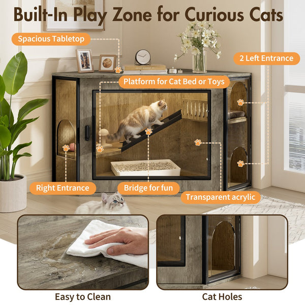English Elm 48" Corner Mdf Cat Litter Enclosure Cabinet with Led Acrylic Door and Play Loft Grey N704P402446E