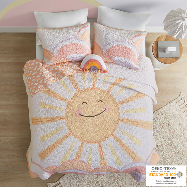 JLA Home Urban Habitat Kids - Reversible Sunshine Quilt Set for Kids — Smiling Sun Front, Cloud Reverse, OEKO-TEX Cotton Comfort 88 L x 68 W x 0.25H UHK13-0186