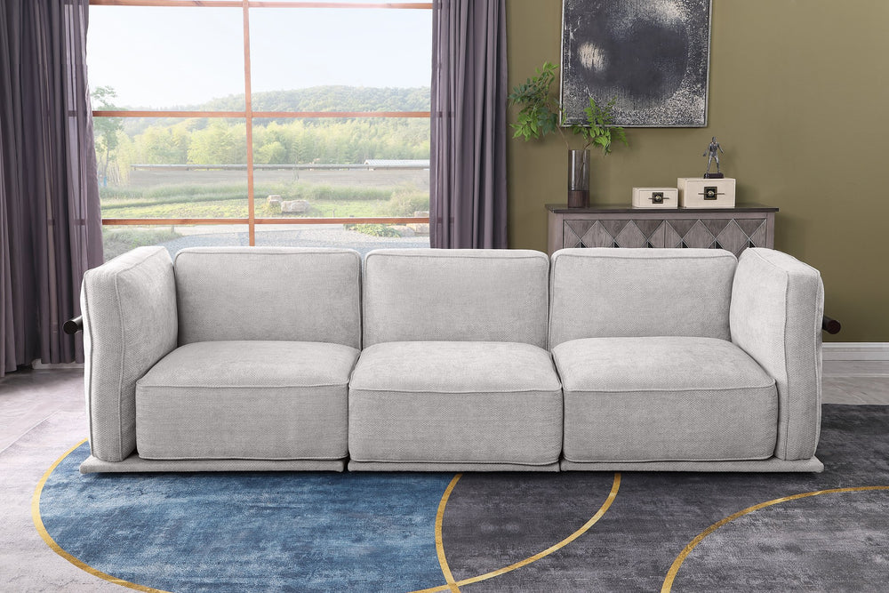 English Elm This modular velvet sofa set in Light Gray with corner module, ottoman, wood & metal armrests, vintage flair W1099S00180