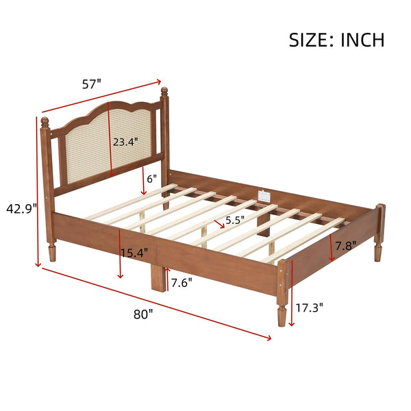 English Elm Full Size Walnut Platform Bed with Arched Rattan Headboard for Coastal Bohemian Rooms N733P180014D