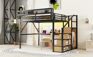 English Elm Queen Metal Loft Bed with Desk Stairs Rgb Lighting and Built-in Charging Station W2580S00053