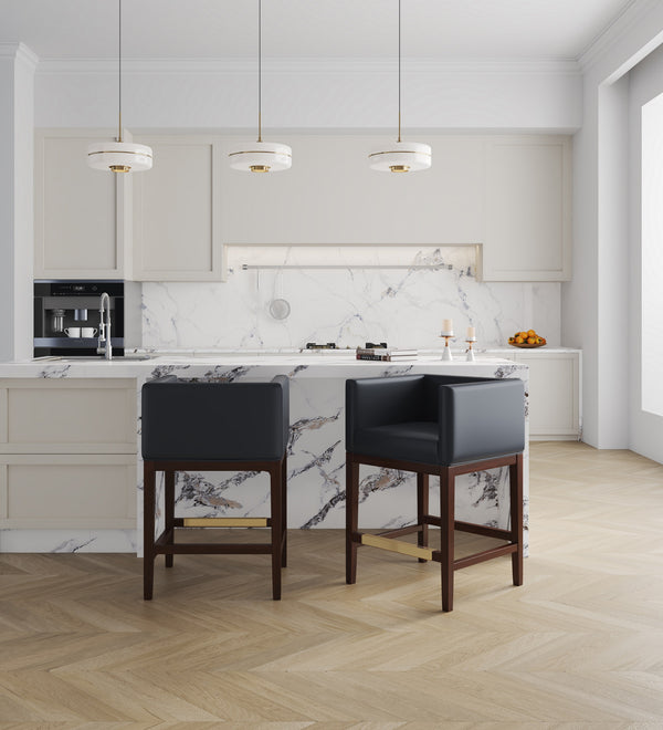 English Elm Kingsley Wood Upholstered Counter Stool with Foam Padding, Beech Wood Walnut Finish & Gold Footrest Black B365P398439