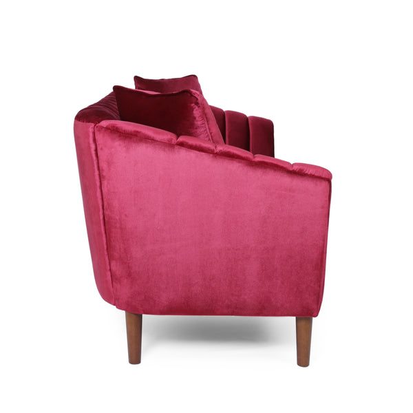 English Elm 3-seater Velvet Sofa with Button Tufting Shell Arms and Tapered Legs for Living Room Wine Red 66957.00ANVLTWINE_66957.00BNVLTWINE