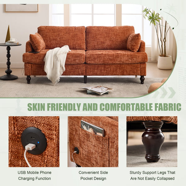 English Elm Modern chenille 2-seater sofa with LED, USB charging, storage pocket, solid wood legs, durable comfort Orange W395P318543