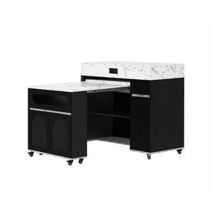 English Elm Trexm Rolling Kitchen Island Extendable Marble Top Cabinet Drawers Power Outlet Black,White Marble XW000029AAB