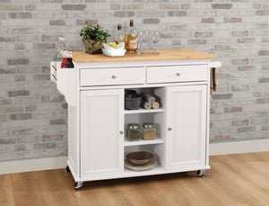 English Elm Tullarick Natural Wooden Top Kitchen Cart with White Finish, Locking Casters, 2 Doors, 2 Drawers, Spice Rack B2726P272328