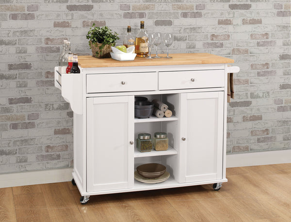English Elm Tullarick Natural Wooden Top Kitchen Cart with White Finish, Locking Casters, 2 Doors, 2 Drawers, Spice Rack B2726P272328