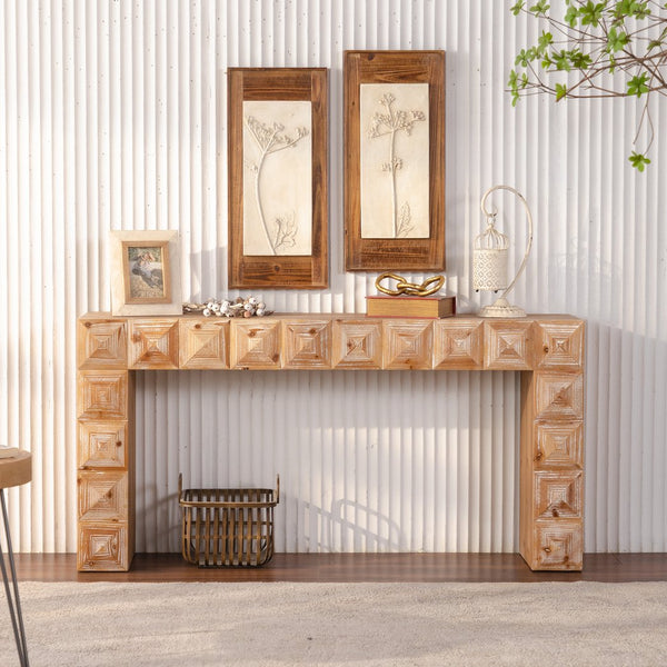 English Elm 59.06" Solid Wood Entryway Console Table with Hand Carved Geometric Relief Detailing W3158P426660