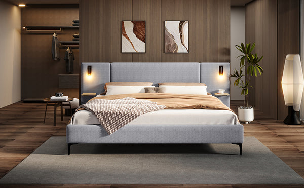 English Elm Christopher Knight Home® - Chic Linen Upholstered Bed With Integrated Lighting & Shelving, Grey Queen, Stylish Bedroom Retreat N769P264794Q
