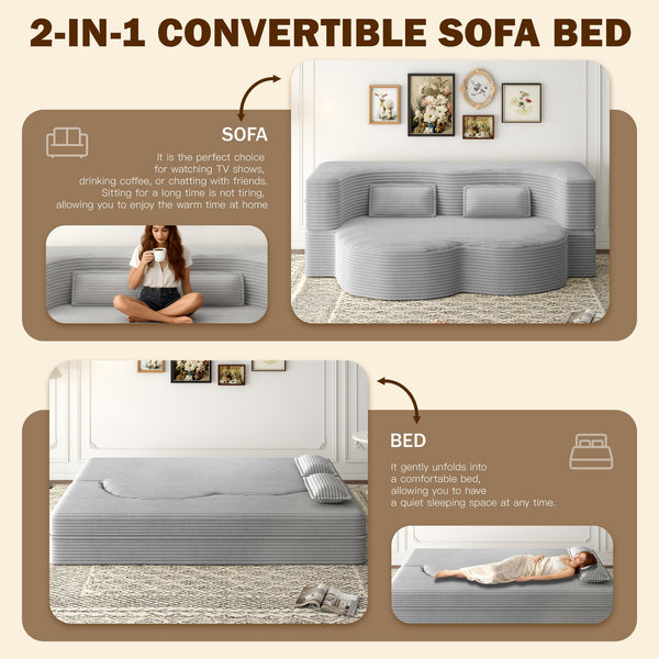 English Elm Modern Corduroy Floor Sofa Foldable Twin Sleeper Foam Filled for Compact Living Spaces Light Grey W1885P435361