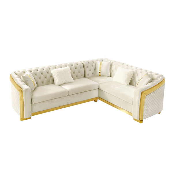 English Elm 106 Inch Velvet Tufted Chesterfield Sectional with Gold Steel Legs for Large Living Rooms Beige W1191S00128