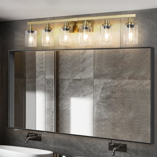 English Elm 37" Golden 6-Light Vanity Light with Clear Glass Shades, Modern Iron Wall-Mounted Bathroom Fixture, Hard-Wired Elegance W2312P374802