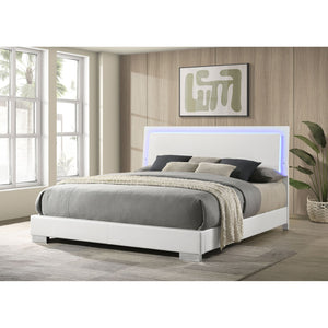 English Elm Strick White High Gloss Panel Eastern King Bed with LED Lighting, Slatted Headboard, Modern Flair B062S00659