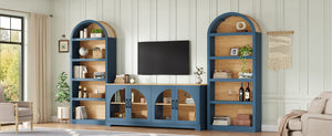 English Elm 3-piece Farmhouse Entertainment Center with Arched Glass Doors and Open Tower Shelving Blue N721S000070C