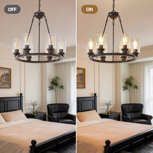 English Elm 23.62'' Farmhouse Wagon Wheel Chandelier Six Seeded Glass Shades Brown Metal Finish W5008P468517