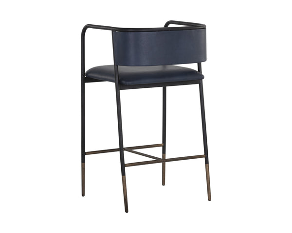 Sunpan Brenan Counter Stool - Elegant Curved Backrest, Unique Faux Leather, Black Metal Frame & Brass Caps Bravo Admiral