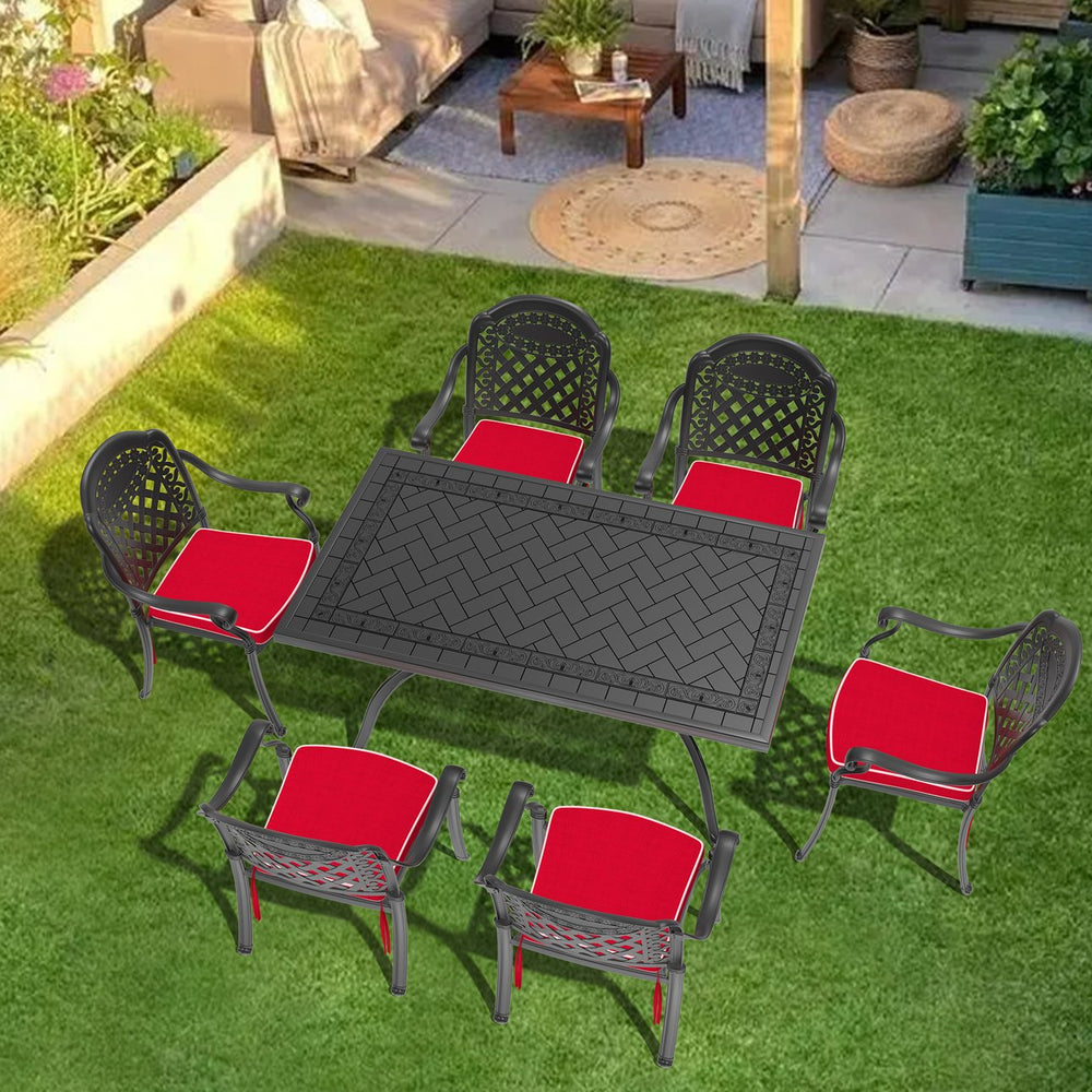 English Elm 7-Piece Cast Aluminum Patio Dining Set With Vibrant Red Cushions For Stylish Outdoor Gatherings W1710S00491