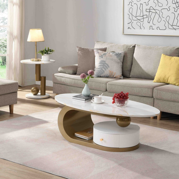 English Elm Modern Nesting Golden Coffee Table Set - Elegant Oval & Round Tables For Living Room Style & Storage W821S00002-GIGA