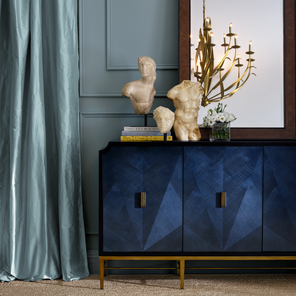 Kallista Blue Credenza - Elegant Dark Sapphire Finish with Antique Brass Accents for Sophisticated Spaces