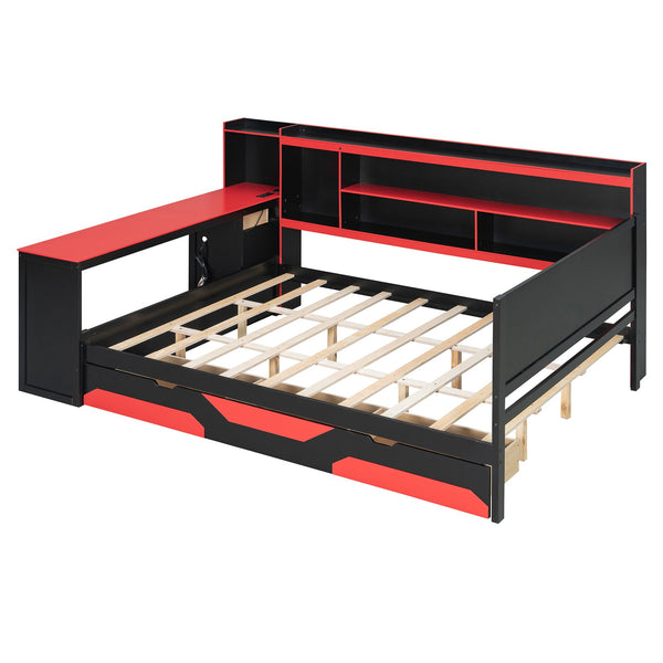 English Elm Queen Gaming Bed Frame with Desk Led Lighting Storage Drawers and Bookcase Headboard Black+Red LP000290AAJ