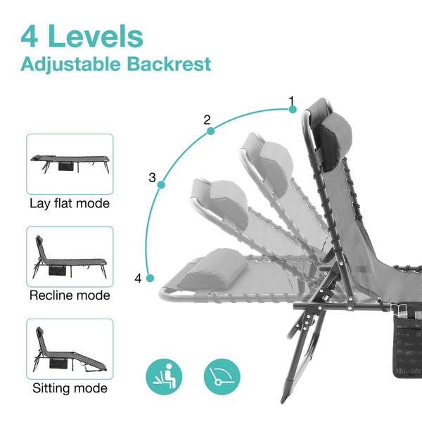 English Elm Folding Chaise Lounge Set of 2 - Portable Outdoor Pool Chairs with 4-Position Recline, Breathable Mesh, Pillow Black+ Gray W3162P277278