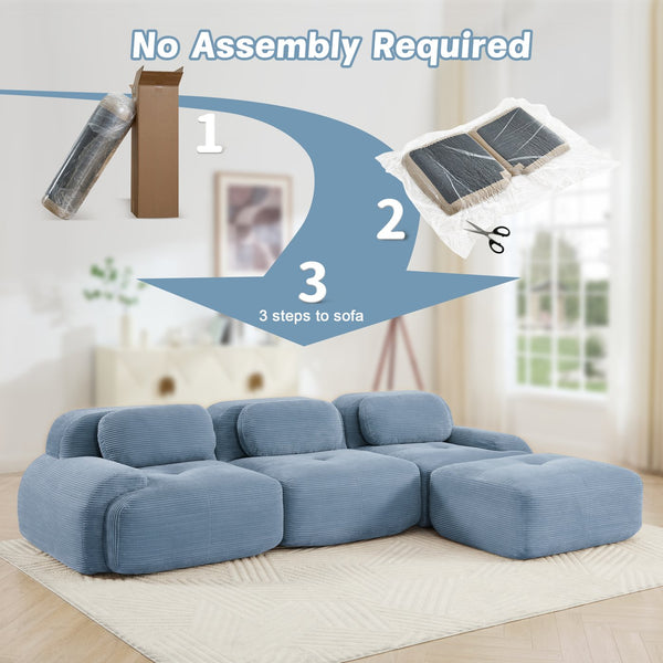 English Elm L-shaped Modular Corduroy Sectional Sofa Ergonomic Low Profile Living Room Seating Blue W714S01249