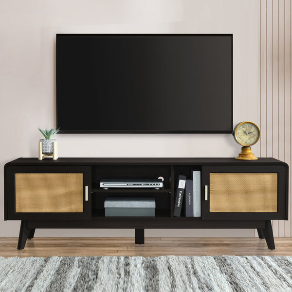 English Elm 63'' Dark Rattan TV Stand with 2 Cabinets, Bohemian Modern Media Console, Solid Wood Legs & Cable Management N710P182433B