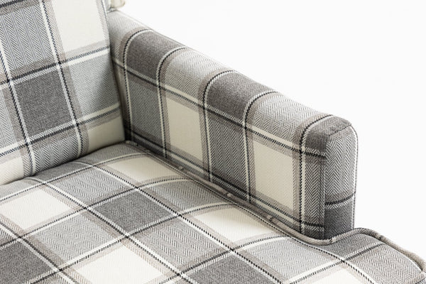 English Elm Upholstered Vintage Armchair Striped Linen Nailhead Trim Turned Legs Living Room W2530P430690