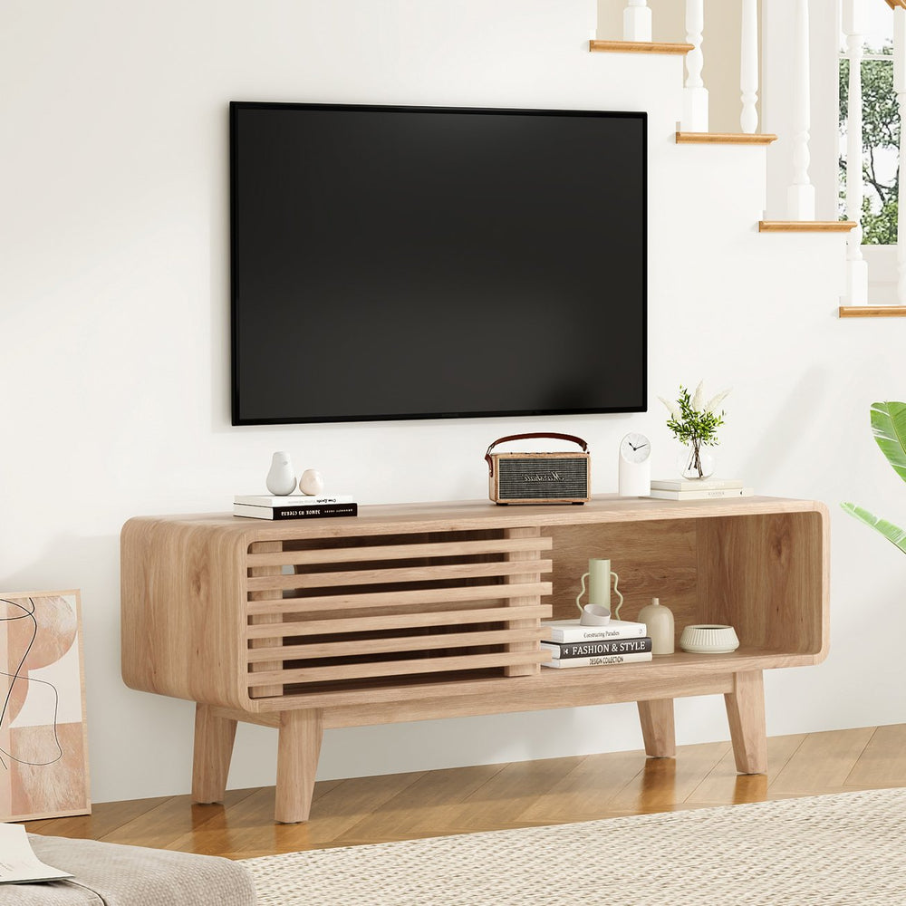 English Elm TV Stand Sleek Mid-Century Console with Sliding Door Storage and Open Shelves for Organized Living Room Natural T3623P379956