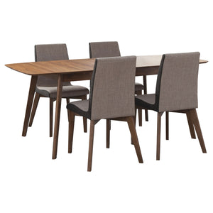 English Elm Lana Mid-Century Natural Walnut 5-Piece Dining Set with Expandable Table & Padded Grey Leatherette Chairs B062S00890
