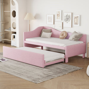 English Elm Twin Upholstered L-Shaped Daybed with Pop-Up Trundle, Space-Saving Guest Bed with Slats Kit and 400lb Capacity Pink SF000193AAH