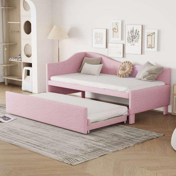 English Elm Twin Upholstered L-Shaped Daybed with Pop-Up Trundle, Space-Saving Guest Bed with Slats Kit and 400lb Capacity Pink SF000193AAH